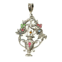 Beautiful Flower Basket Pendant with Bird Silver & Paste