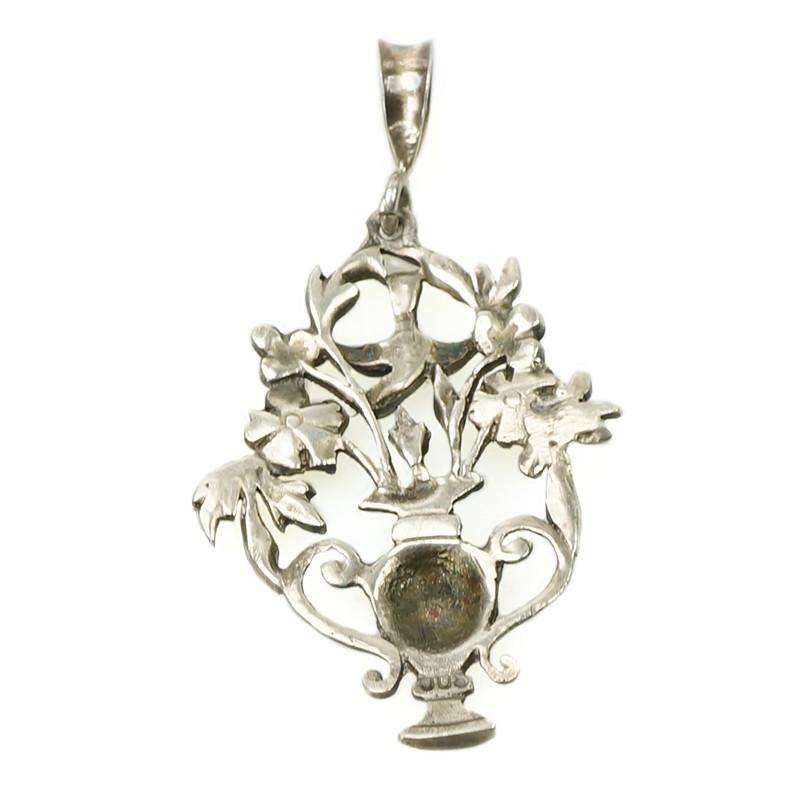 Beautiful Flower Basket Pendant with Bird Silver & Paste
