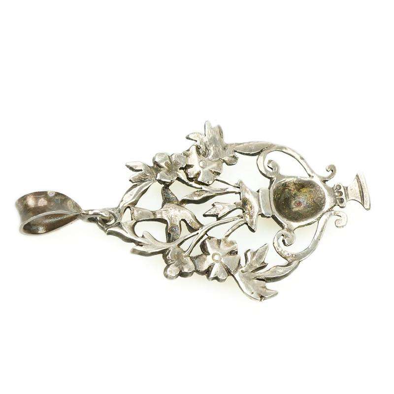 Beautiful Flower Basket Pendant with Bird Silver & Paste