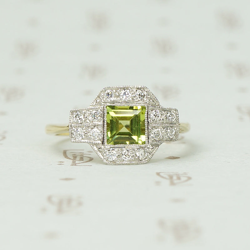 Peridot and Diamond Ring in Platinum on Gold