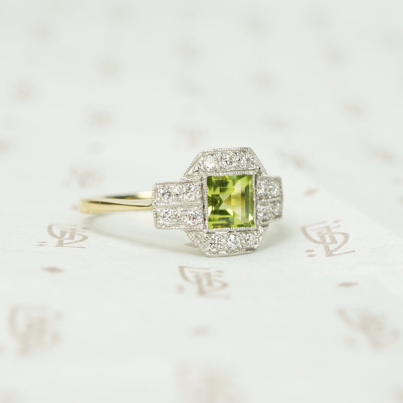 Peridot and Diamond Ring in Platinum on Gold