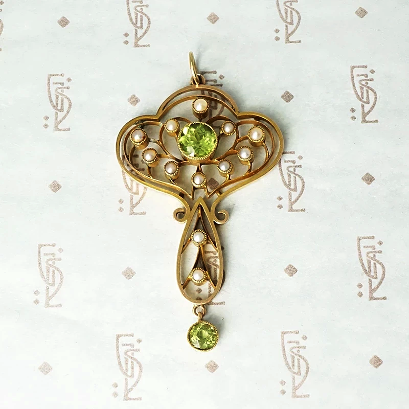 Art Nouveau Pearl and Peridot Pendant
