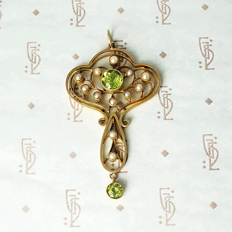 Art Nouveau Pearl and Peridot Pendant