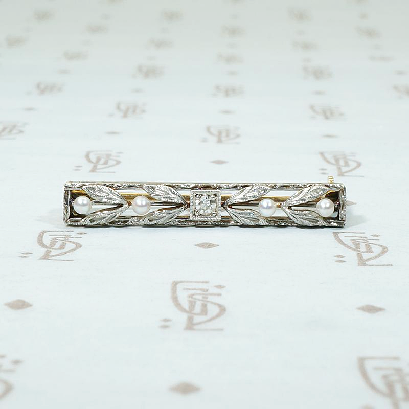 Two Tone Engraved Gold with Diamond & Pearls Pin by Krementz