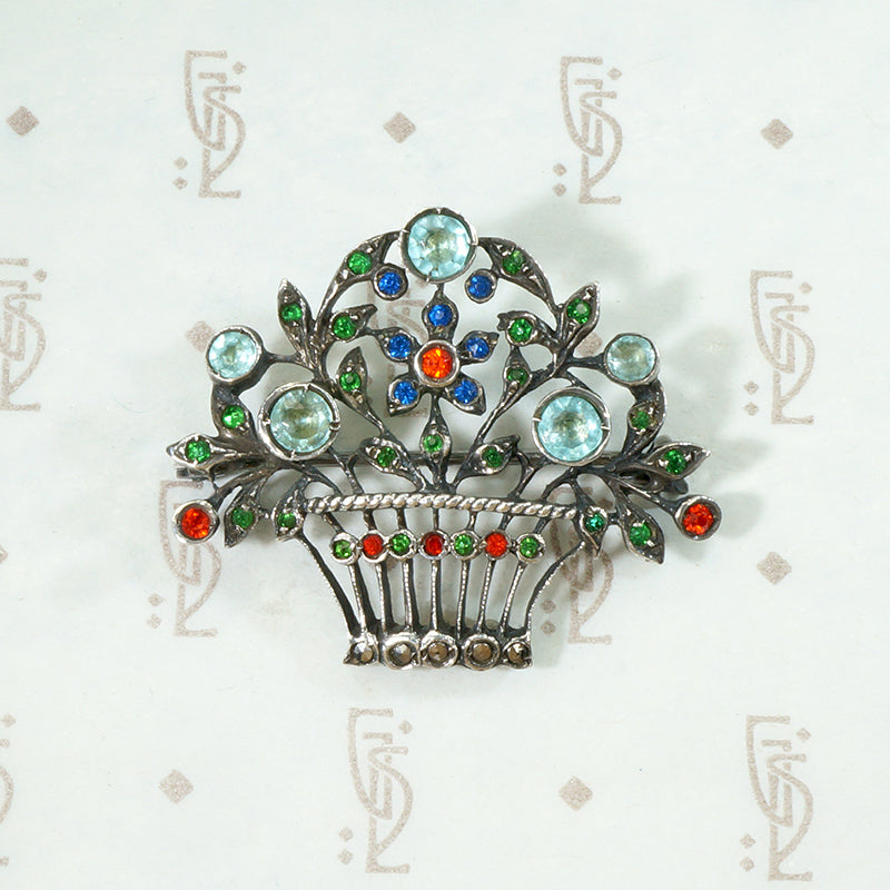 Cheerful Flower Basket Brooch with Colorful Paste