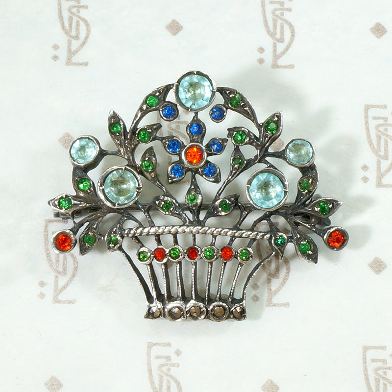 Cheerful Flower Basket Brooch with Colorful Paste