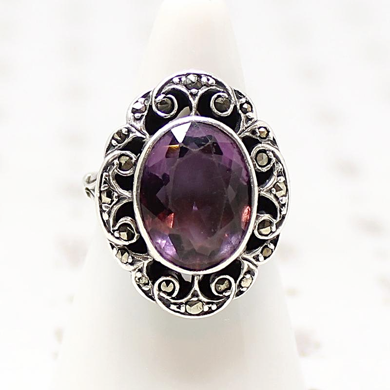 Amethyst Ring with Silver Whorls & Glittering Marcasites