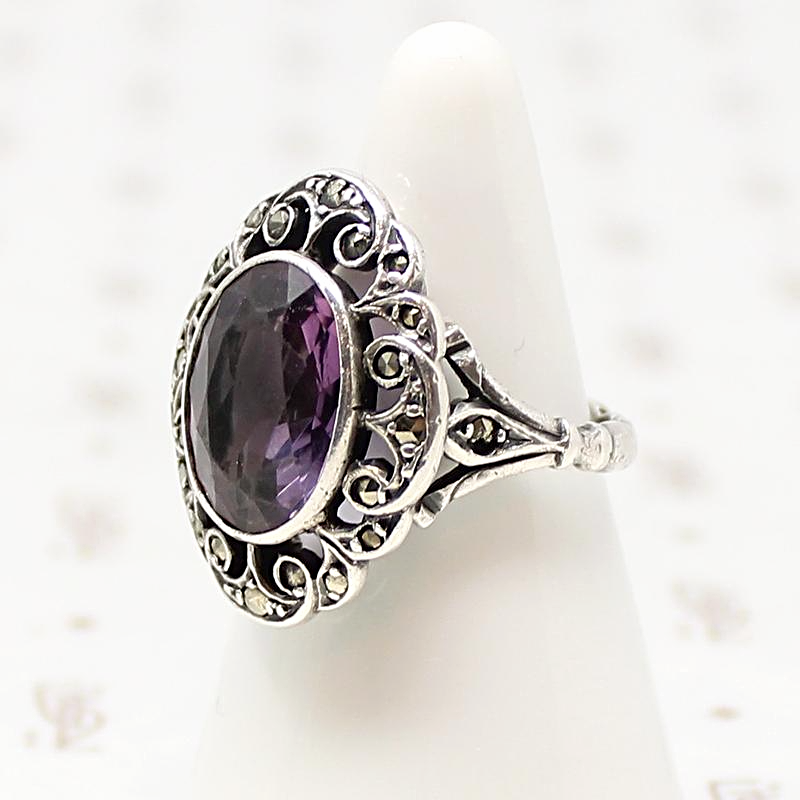 Amethyst Ring with Silver Whorls & Glittering Marcasites