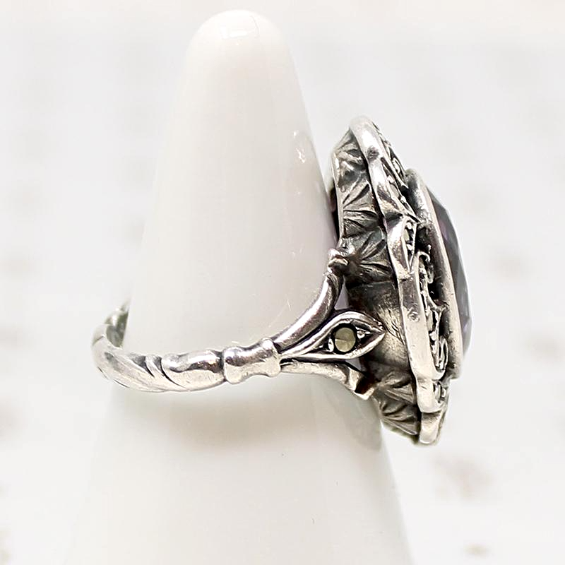 Amethyst Ring with Silver Whorls & Glittering Marcasites