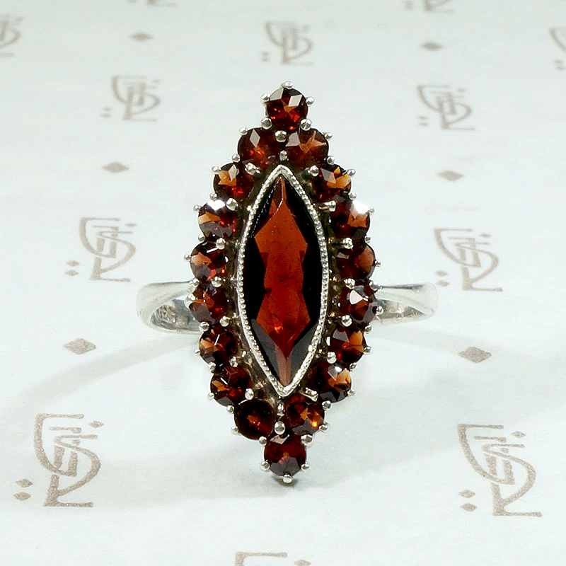 Czech Marquis Garnet with Rose Cut Halo Ring