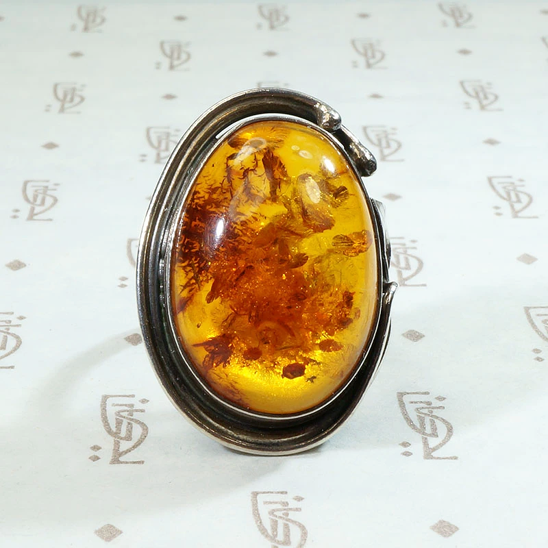 European Baltic Amber & Sculpted Silver Ring