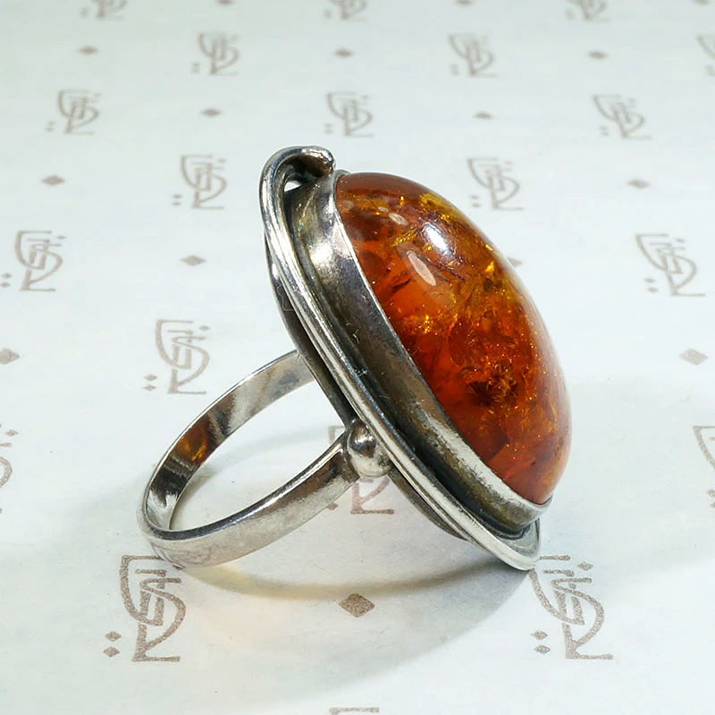 European Baltic Amber & Sculpted Silver Ring