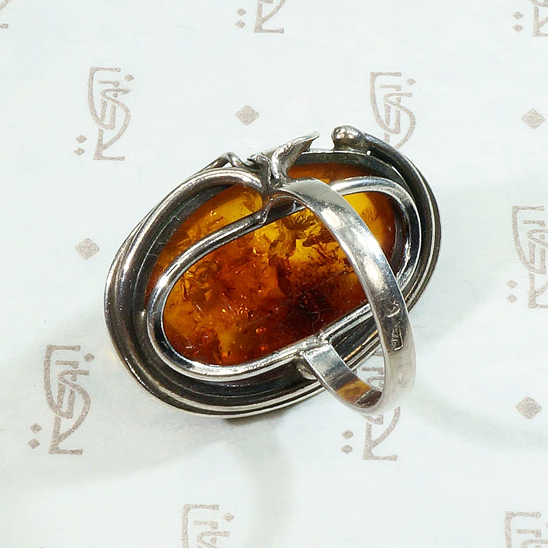 European Baltic Amber & Sculpted Silver Ring