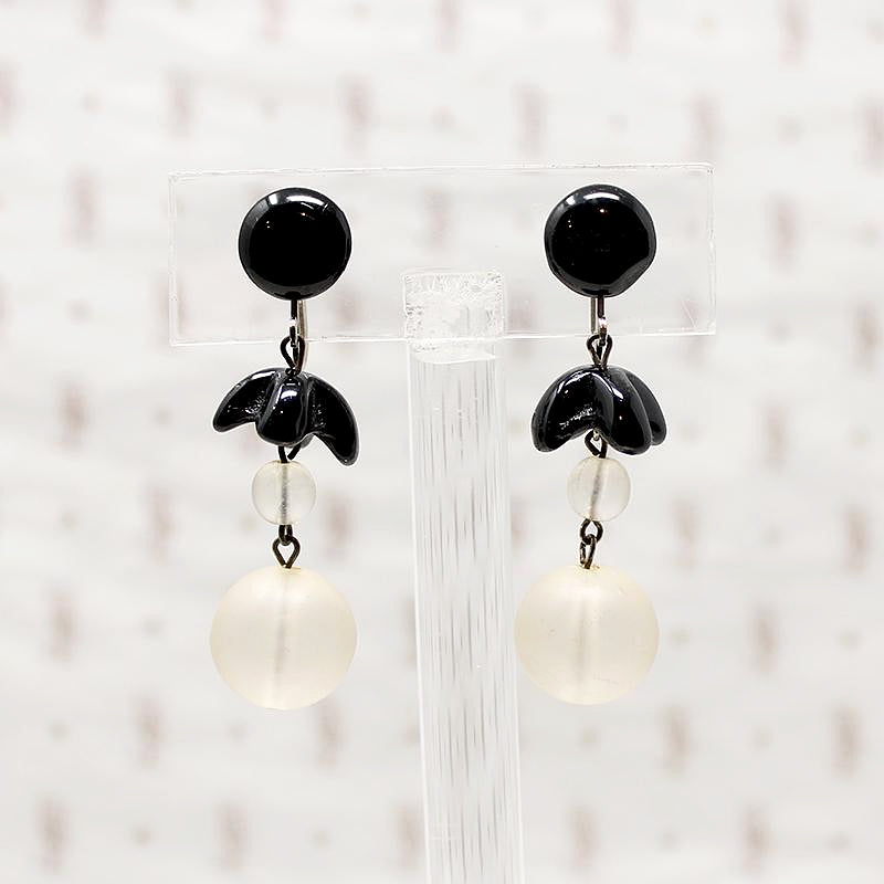West German Black & White Glass Dangle Earrings