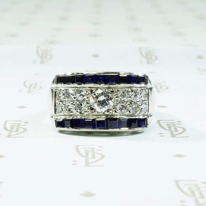 Deco Diamond Panel Ring with Natural Sapphire Stripes