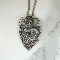 Dragon & Peony Pendant in Sterling Silver