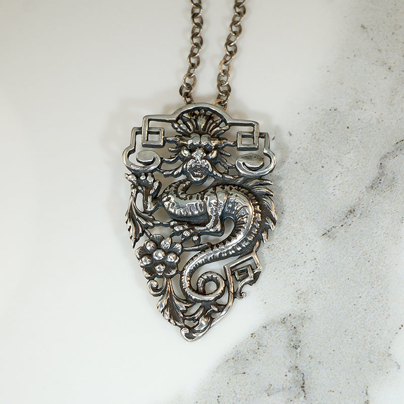 Dragon & Peony Pendant in Sterling Silver