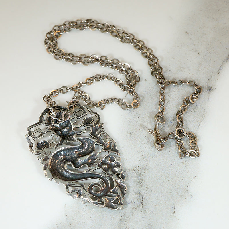 Dragon & Peony Pendant in Sterling Silver