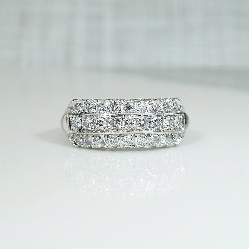 Bold Retro Three Row Diamond & White Gold Band