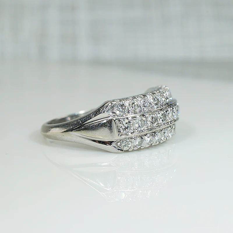Bold Retro Three Row Diamond & White Gold Band