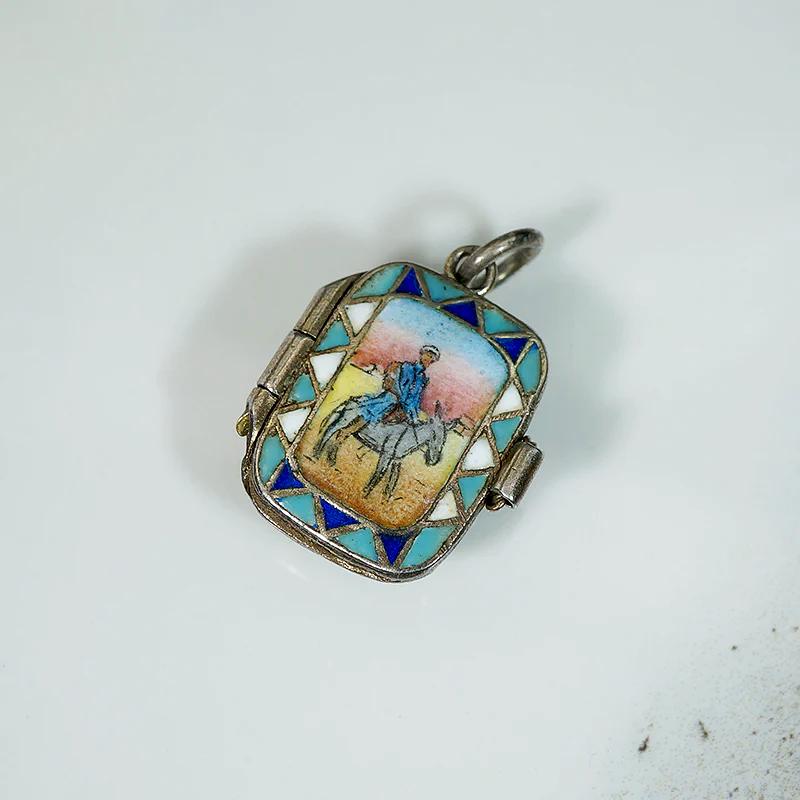 Whimsical Basket Locket Enameled with Man & Donkey