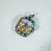 Whimsical Basket Locket Enameled with Man & Donkey