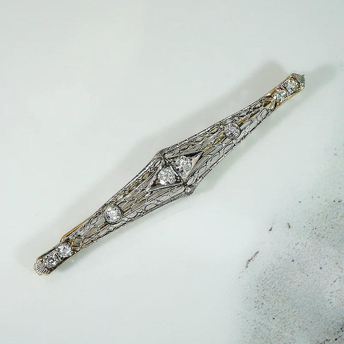 Old Euro Diamonds in Platinum & Gold Filigree Bar Pin
