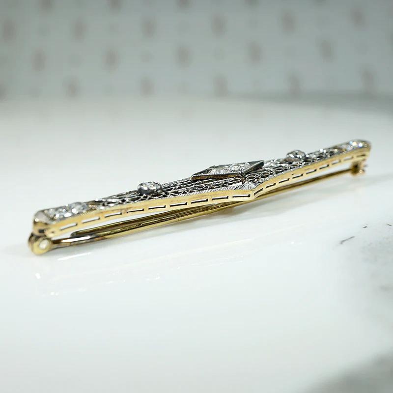 Old Euro Diamonds in Platinum & Gold Filigree Bar Pin