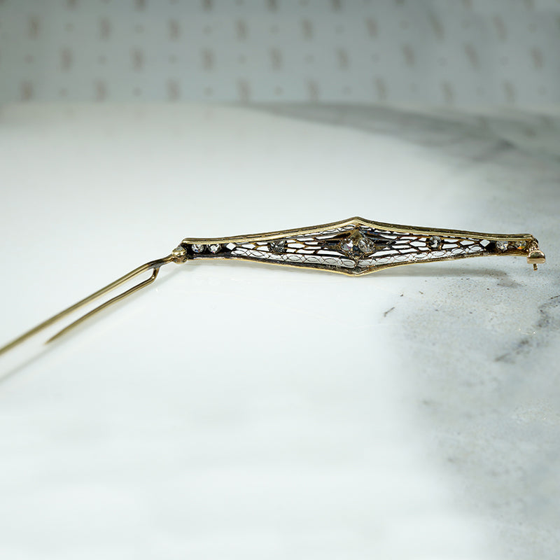 Old Euro Diamonds in Platinum & Gold Filigree Bar Pin