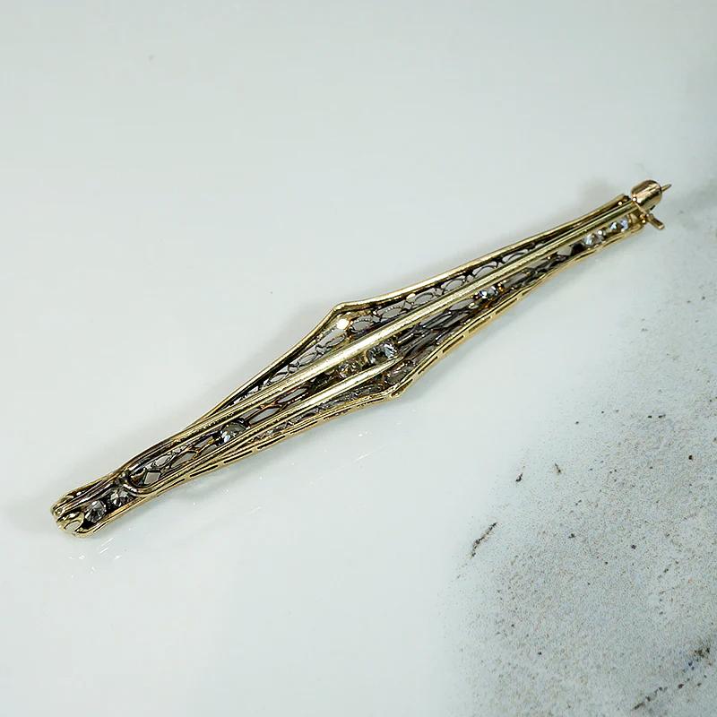 Old Euro Diamonds in Platinum & Gold Filigree Bar Pin