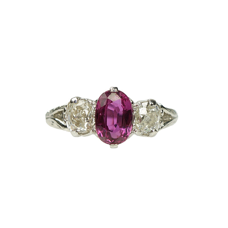 Pink Sapphire and Mine Cut Diamond Ring