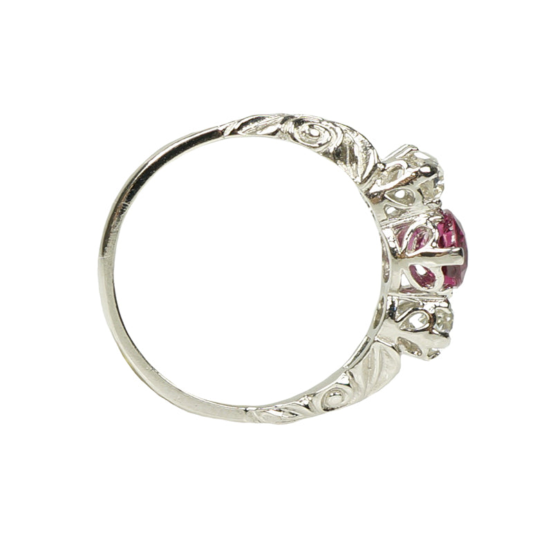 Pink Sapphire and Mine Cut Diamond Ring
