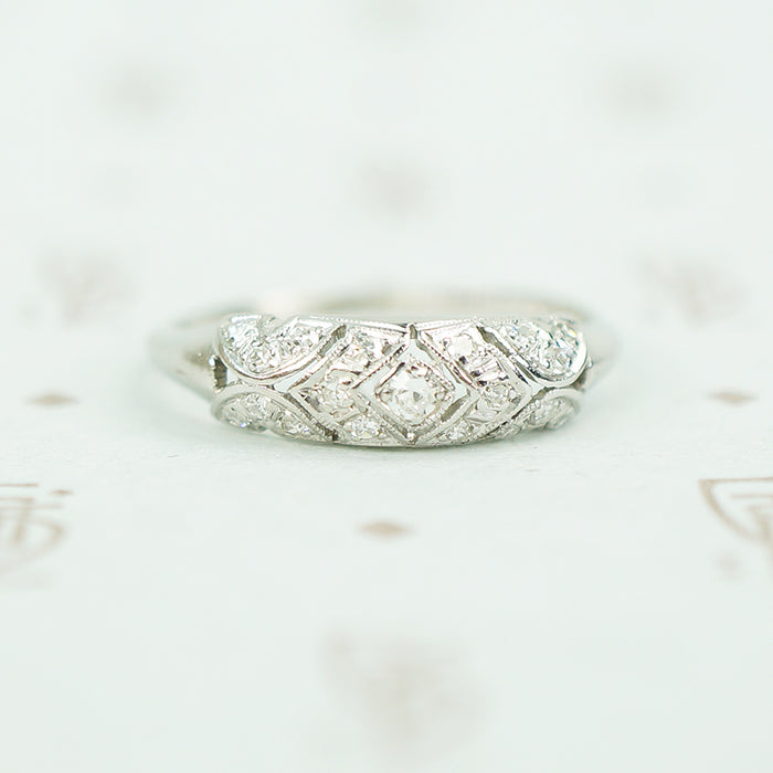 edwardian open work platinum millgrain edged diamond band ring