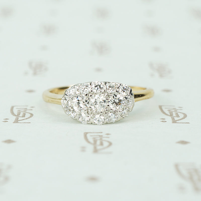 gorgeous east west platinum on yellow gold oec diamond clluster ring
