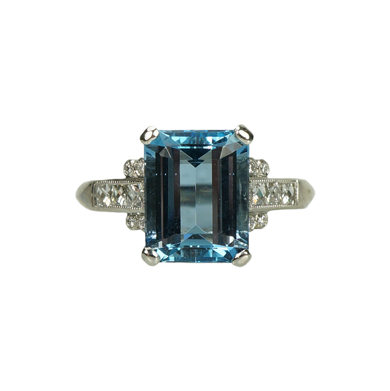 Classic Platinum Aquamarine and Diamond Ring