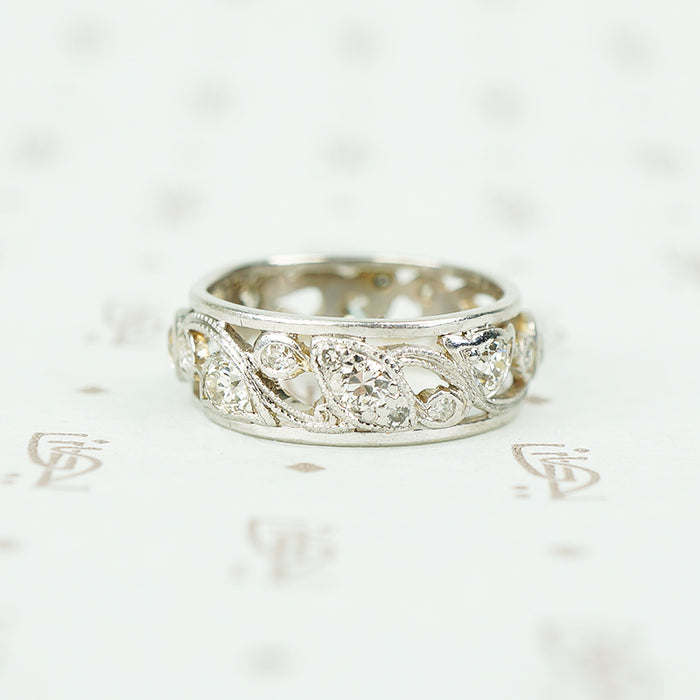 platinum open work wide eternity band vine and bud diamond set design 1920's