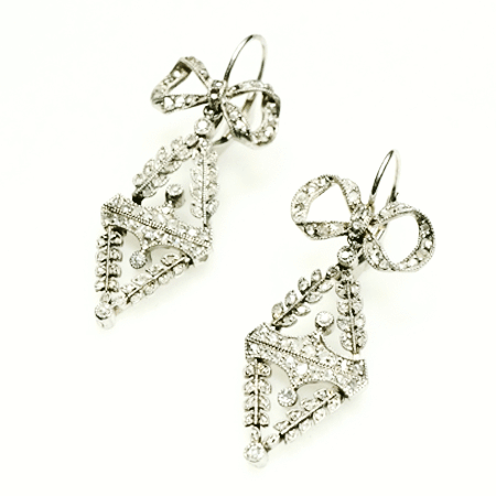 Edwardian Bow and Garland Pave set Rose Cut Diamond Earrings in Platinum