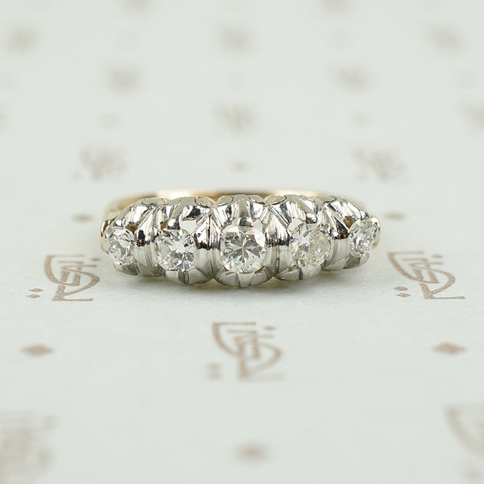 Platinum on 14k yellow gold 5 diamond band c1940