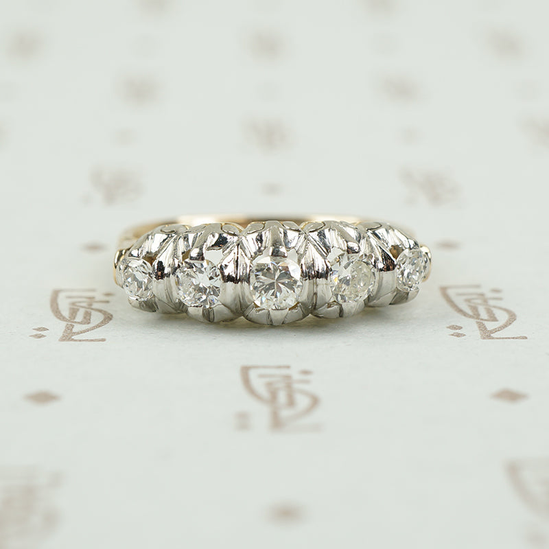Platinum on 14k yellow gold 5 diamond band c1940