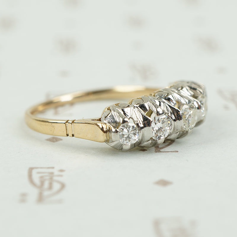 Platinum on 14k yellow gold 5 diamond band c1940