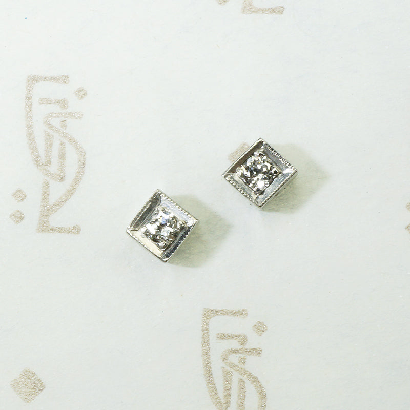 saw tooth edge engraved art deco platinum diamond stud earrings repourposed from a bracelet