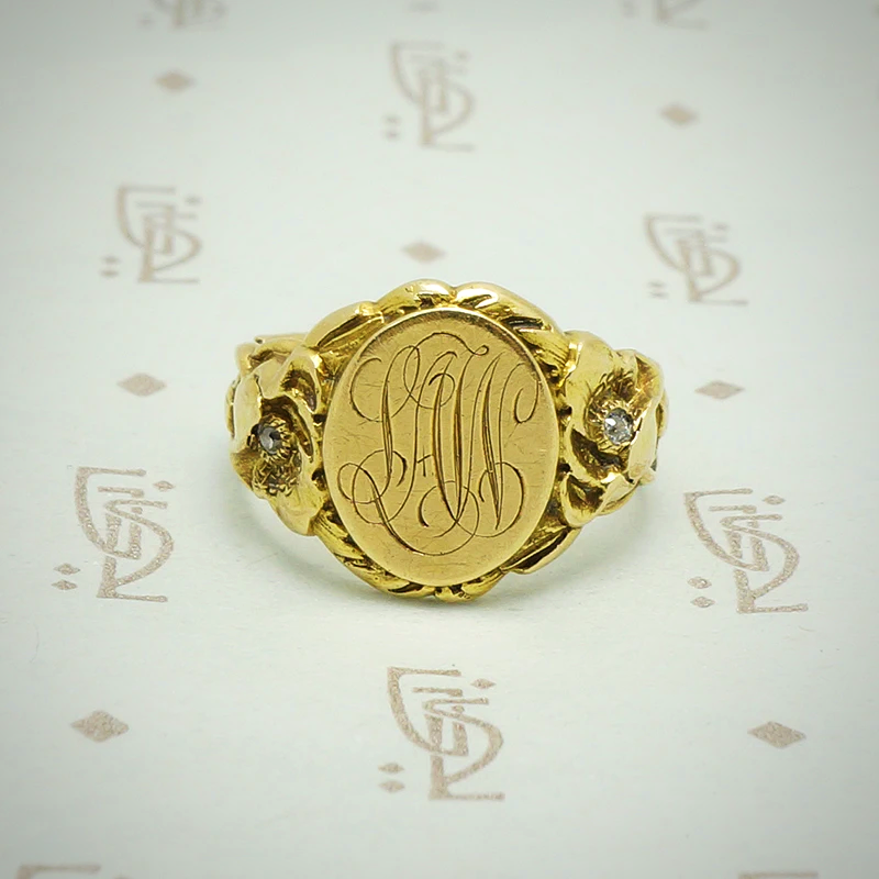 diamond set poppy signet ring 14k gold