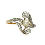 Rose Gold and Platinum Ring with Diamonds and Natural Pearl