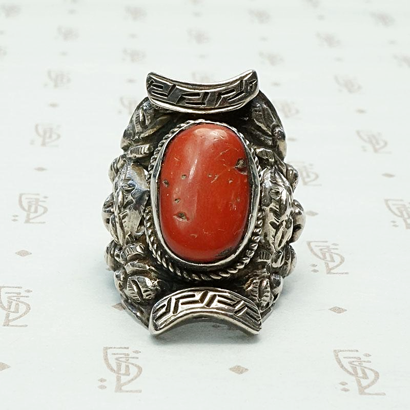 Repoussé Dragon Antique Tibetan Coral Ring