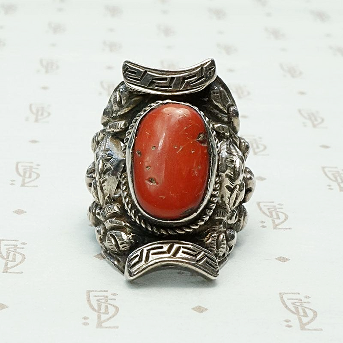 Repoussé Dragon Antique Tibetan Coral Ring