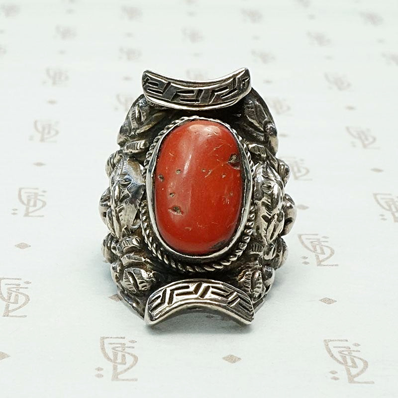 Repoussé Dragon Antique Tibetan Coral Ring