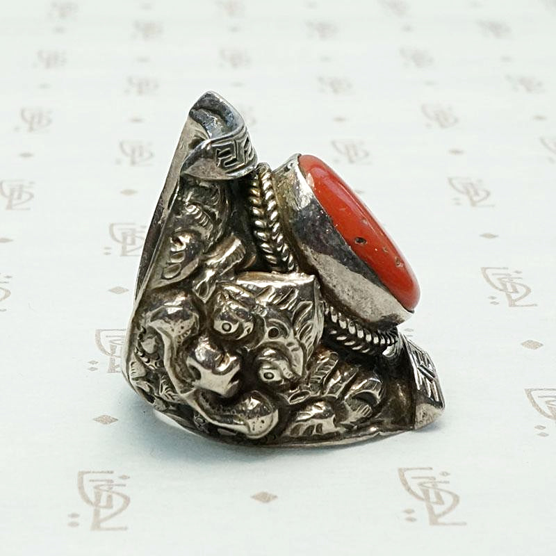 Repoussé Dragon Antique Tibetan Coral Ring