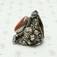 Repoussé Dragon Antique Tibetan Coral Ring
