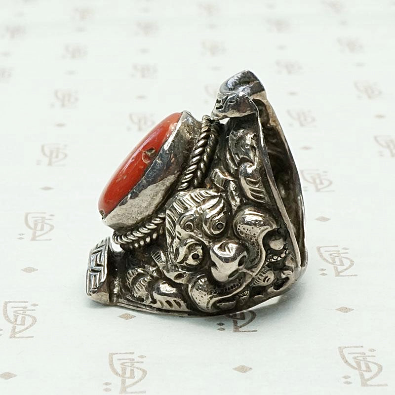 Repoussé Dragon Antique Tibetan Coral Ring