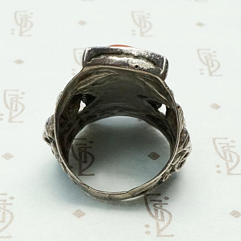 Repoussé Dragon Antique Tibetan Coral Ring